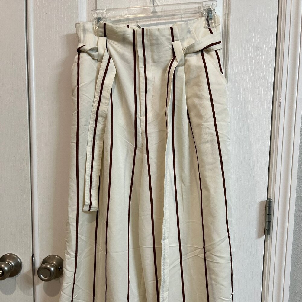 A New Day Wide Leg Crop Pants with Elastic Waist Cream with Brown Stripe Size S